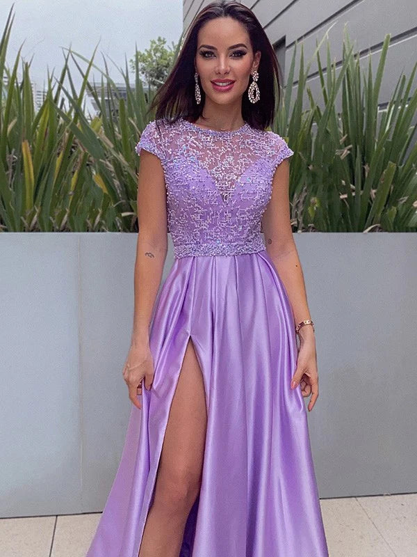 A-Line Princess Satin Scoop Short Sleeves Beading Slit Front Prom Dresses