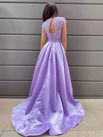 A-Line Princess Satin Scoop Short Sleeves Beading Slit Front Prom Dresses