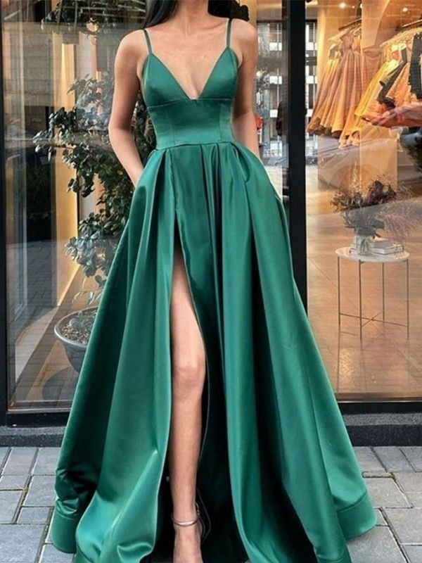 A-Line/Princess Ruffles Satin Spaghetti Straps Sleeveless Floor-Length Party Dresses Formal Dresses