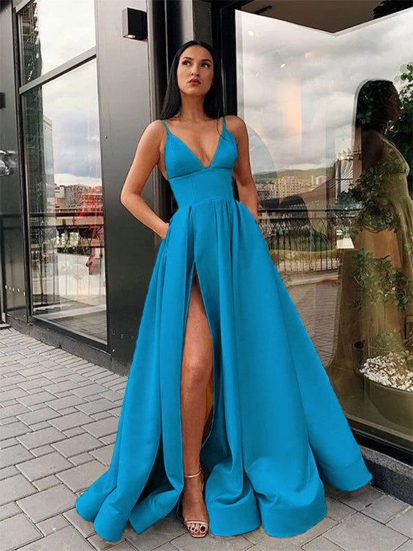 A-Line/Princess Ruffles Satin Spaghetti Straps Sleeveless Floor-Length Party Dresses Formal Dresses