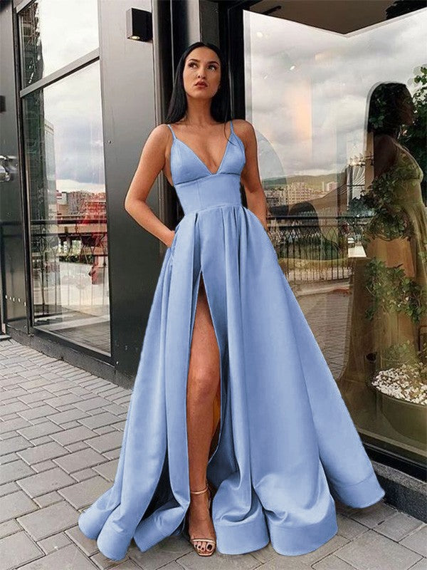 A-Line/Princess Ruffles Satin Spaghetti Straps Sleeveless Floor-Length Party Dresses Formal Dresses