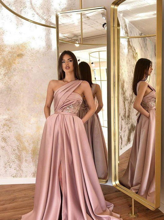 A-Line/Princess Satin Sleeveless Ruched One-Shoulder Sweep/Brush Train Party Dresses Formal Dresses