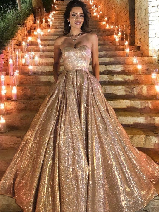 Ball Gown Ruffles Sleeveless Sweep/Brush Train Sweetheart Dresses with Sequins