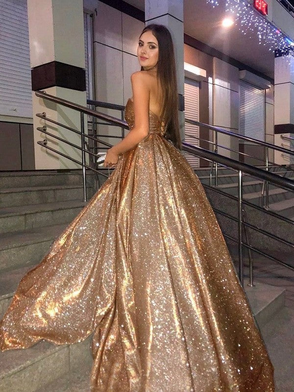 Ball Gown Ruffles Sleeveless Sweep/Brush Train Sweetheart Dresses with Sequins