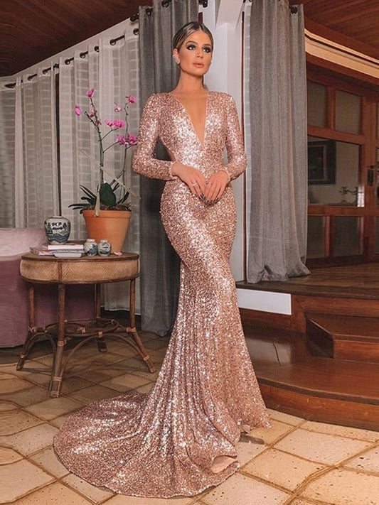 Trumpet/Mermaid Sequins Long Sleeves V-neck Court Train Ruffles Dresses