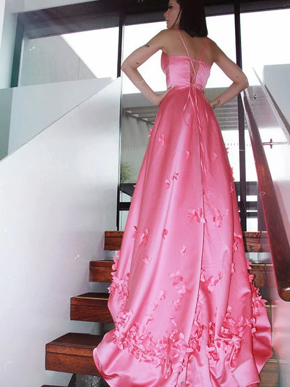 A-Line Princess V-neck Hand-Made Flower Satin Sleeveless Prom Dresses