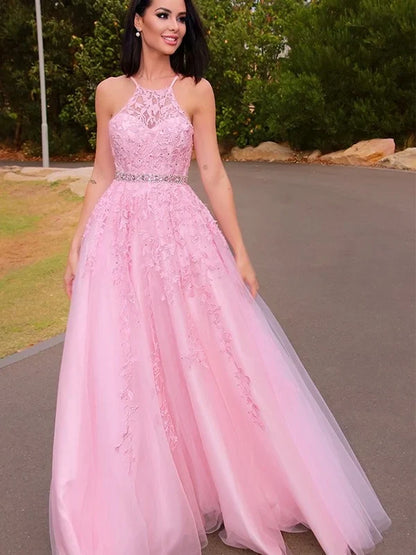 A-Line Princess Tulle Applique Halter Sleeveless Floor-Length Prom Dresses