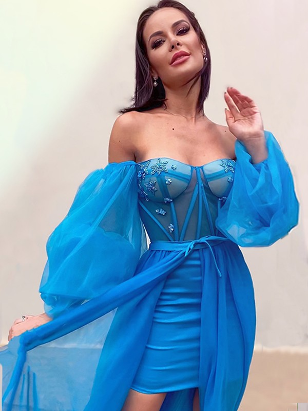 A-Line/Princess Tulle Beading Off-the-Shoulder Long Sleeves Sweep/Brush Train Party Dresses Formal Dresses