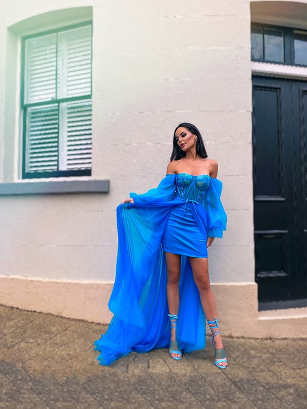 A-Line/Princess Tulle Beading Off-the-Shoulder Long Sleeves Sweep/Brush Train Party Dresses Formal Dresses