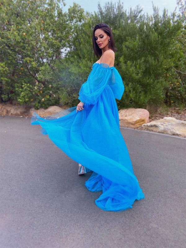 A-Line/Princess Tulle Beading Off-the-Shoulder Long Sleeves Sweep/Brush Train Party Dresses Formal Dresses