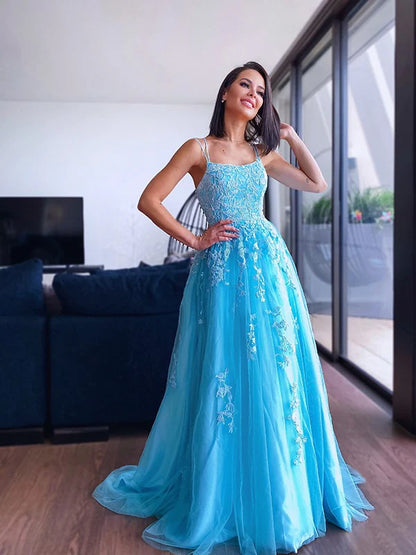 A-Line Princess Spaghetti Straps Tulle Sleeveless Applique Prom Dresses