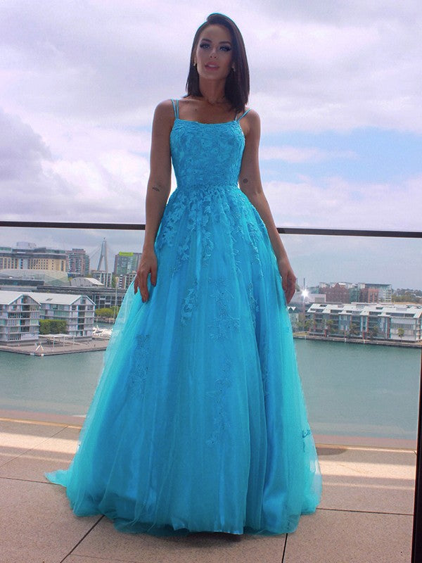 A-Line/Princess Spaghetti Straps Tulle Sleeveless Applique Sweep/Brush Train Dresses Party Dresses Formal Dresses