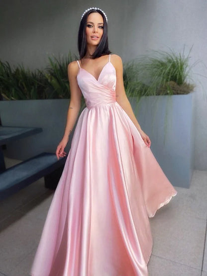 A-Line Princess V-neck Satin Ruched Sleeveless Floor-Length Spaghetti Straps   Prom Dresses