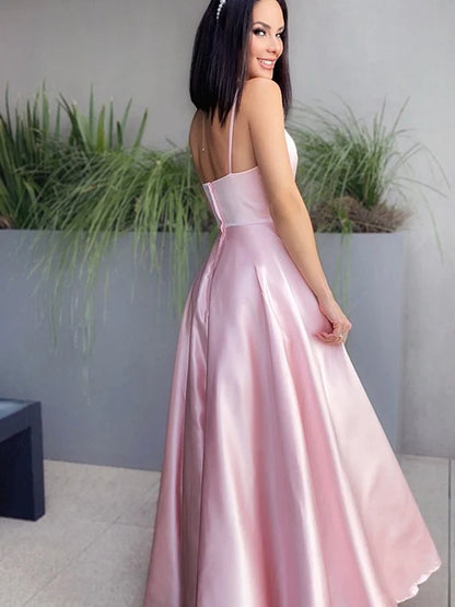 A-Line Princess V-neck Satin Ruched Sleeveless Floor-Length Spaghetti Straps   Prom Dresses