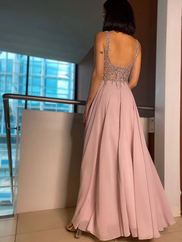 A-Line Princess Chiffon V-neck Sleeveless Beading Floor-Length Prom Dresses