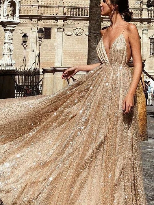 A-Line/Princess V-neck Tulle Sleeveless Ruched Sweep/Brush Train Dresses