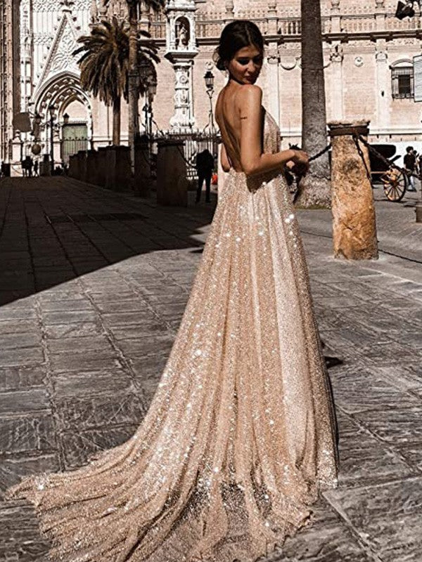 A-Line/Princess V-neck Tulle Sleeveless Ruched Sweep/Brush Train Dresses