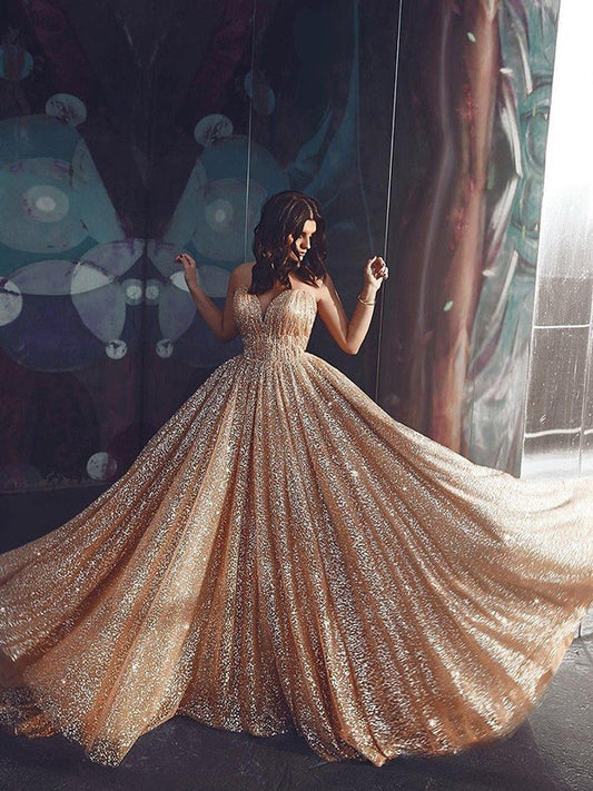 A-Line/Princess Spaghetti Straps Tulle Sequin Sleeveless Court Train Dresses