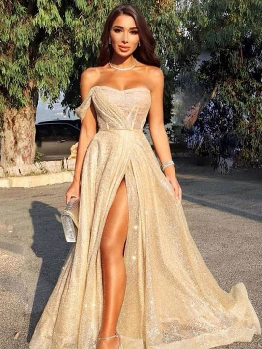 A-Line/Princess Sweep/Brush Train Strapless Sleeveless Party Dresses Formal Dresses