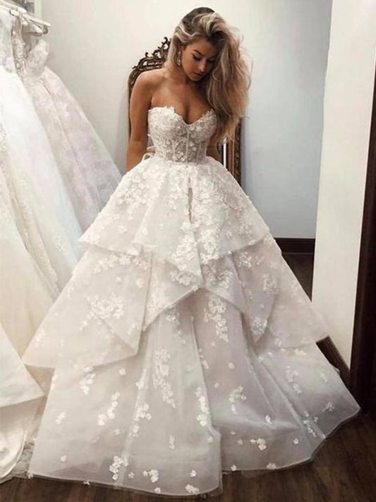 Ball Gown Sweetheart Organza Applique Sleeveless Court Train Wedding Dresses