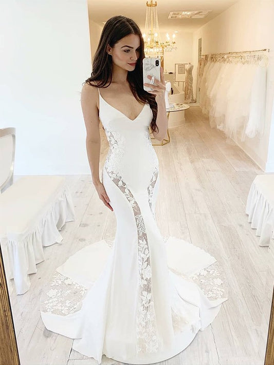 Trumpet/Mermaid Satin Lace V-neck Sleeveless Sweep/Brush Train Wedding Dresses