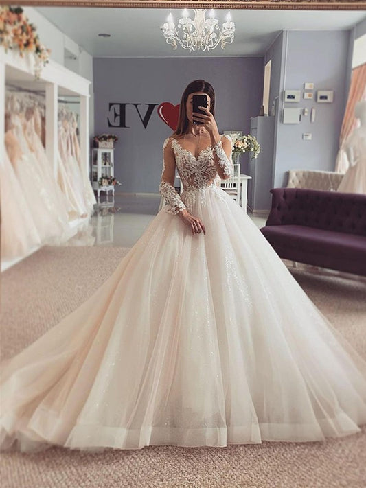 Ball Gown Organza Applique V-neck Long Sleeves Court Train Wedding Dresses