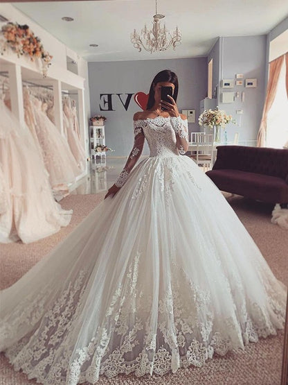 Ball Gown Off-the-Shoulder Tulle Applique Long Sleeves Court Train Wedding Dresses