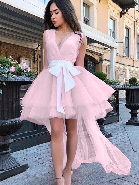 A-Line/Princess Tulle Sash/Ribbon/Belt V-neck Sleeveless Short/Mini Dresses