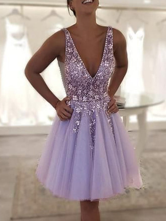 A-Line/Princess Tulle Beading V-neck Sleeveless Short/Mini Dresses