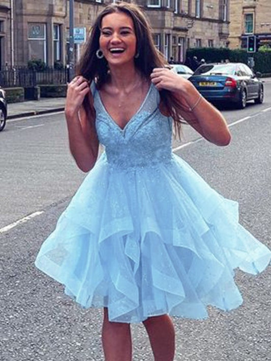 A-Line/Princess Tulle Ruffles V-neck Sleeveless Short/Mini Dresses