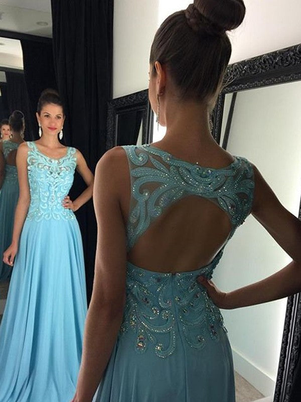 A-Line/Princess Scoop Sleeveless Floor-Length Applique Chiffon Party Dresses Formal Dresses