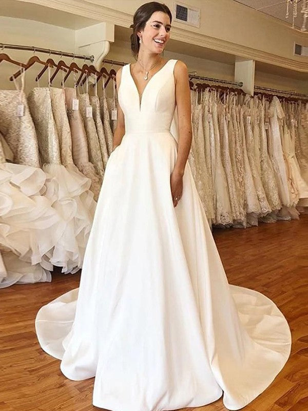 A-Line/Princess Satin Ruffles V-neck Sleeveless Sweep/Brush Train Wedding Dresses