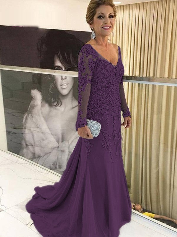 A Line Sheath/Column Tulle Applique V-neck Long Sleeves Sweep/Brush Train Mother of the Bride Dresses