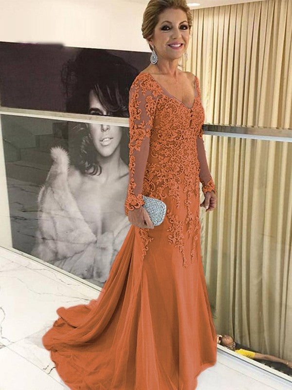 A Line Sheath/Column Tulle Applique V-neck Long Sleeves Sweep/Brush Train Mother of the Bride Dresses