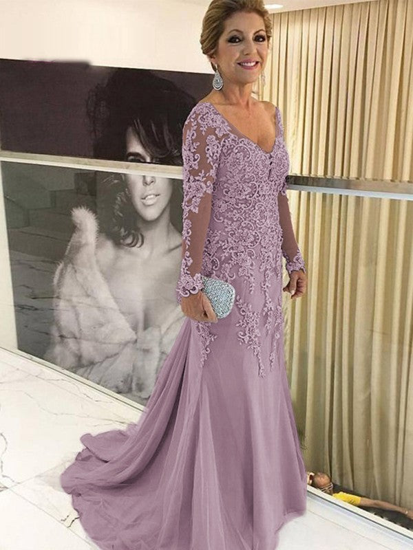 A Line Sheath/Column Tulle Applique V-neck Long Sleeves Sweep/Brush Train Mother of the Bride Dresses