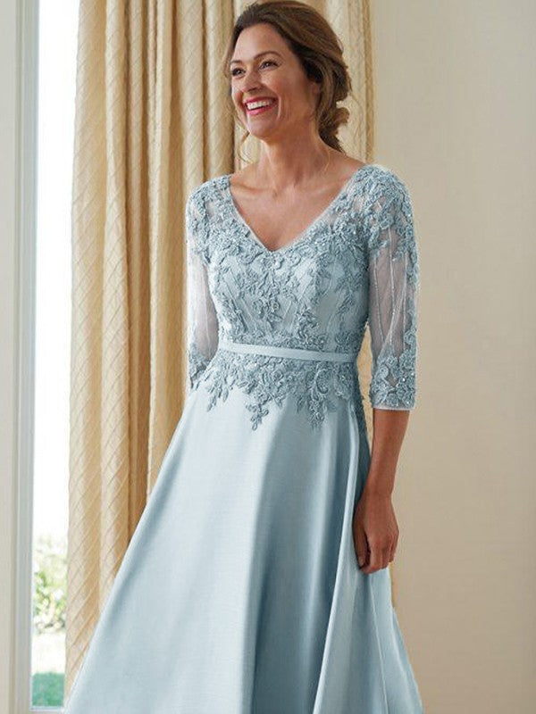 A-Line Satin Applique V-neck 3/4 Sleeves Floor-Length Mother of the Bride Dresses