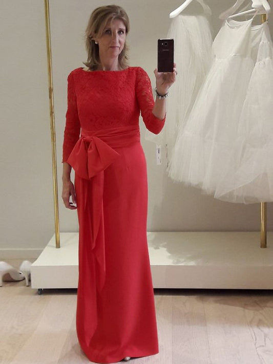 A Line Sheath/Column Stretch Crepe Lace Scoop Long Sleeves Floor-Length Mother of the Bride Dresses