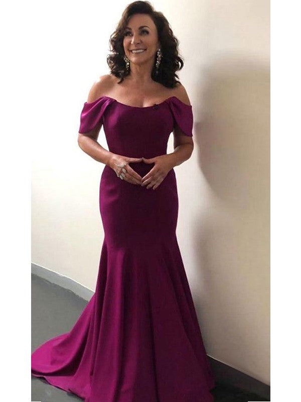 A Line Trumpet/Mermaid Elastic Woven Satin Ruffles Off-the-Shoulder Sleeveless Sweep/Brush Train Mother of the Bride Dresses