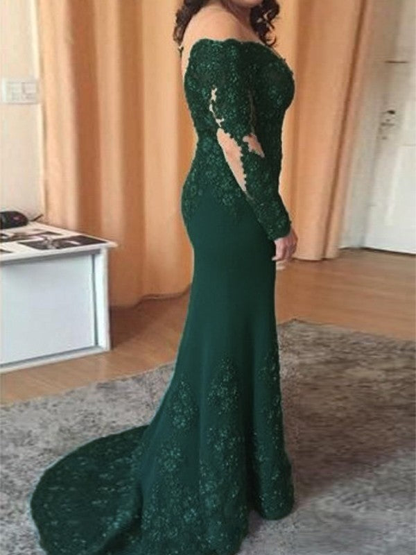 A Line Sheath/Column Stretch Crepe Applique Off-the-Shoulder Long Sleeves Sweep/Brush Train Mother of the Bride Dresses
