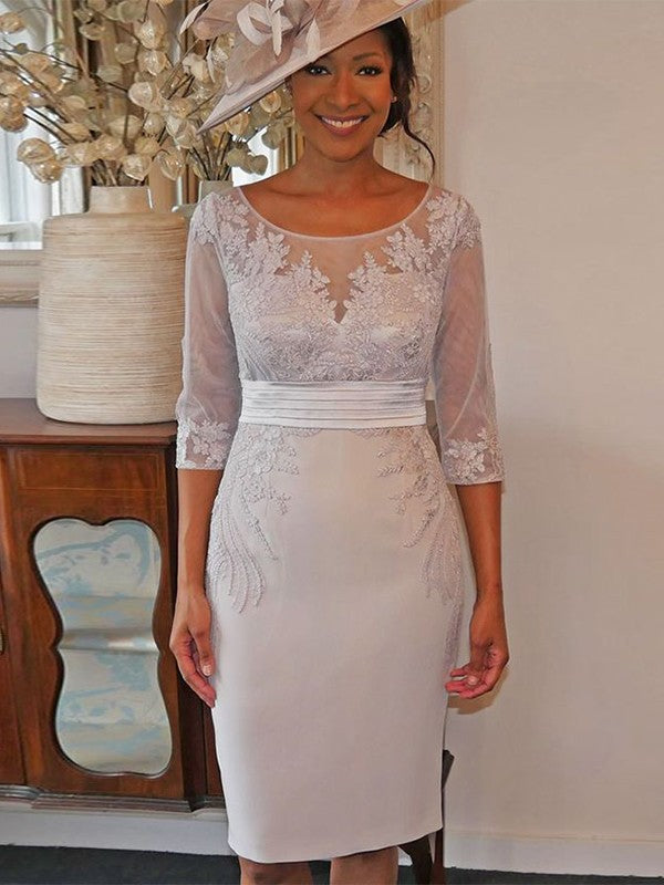 A Line Sheath/Column Elastic Woven Satin Applique Scoop 3/4 Sleeves Knee-Length Mother of the Bride Dresses