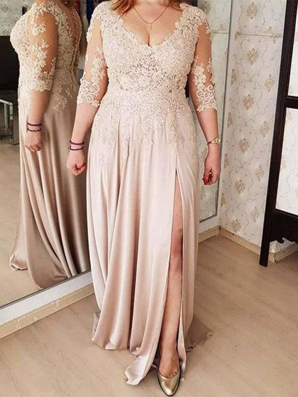 A-Line Elastic Woven Satin Applique V-neck 3/4 Sleeves Sweep/Brush Train Mother of the Bride Dresses