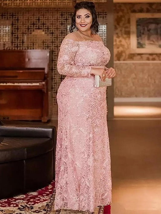 A Line Sheath/Column Lace Applique Scoop Long Sleeves Floor-Length Mother of the Bride Dresses