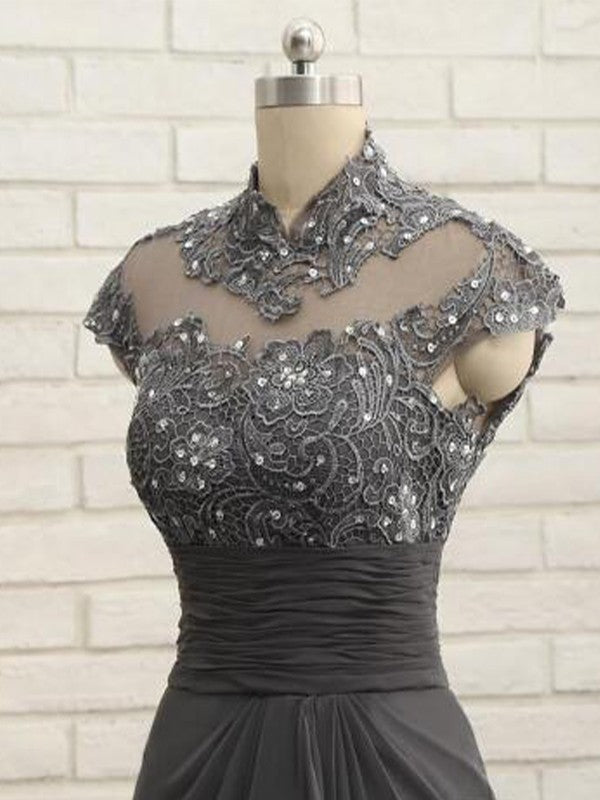 A Line Sheath/Column Chiffon Lace High Neck Short Sleeves Sweep/Brush Train Mother of the Bride Dresses