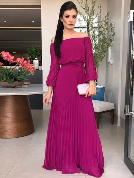 A-Line Chiffon Ruffles Off-the-Shoulder Long Sleeves Floor-Length Mother of the Bride Dresses