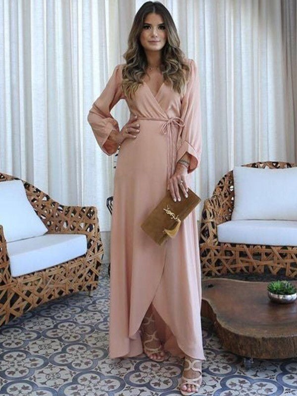 A-Line Silk like Satin Ruched V-neck Long Sleeves Floor-Length Mother of the Bride Dresses