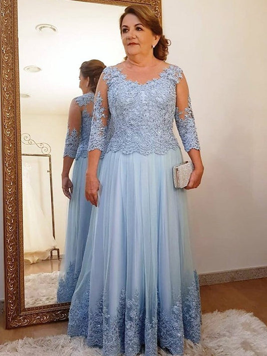 A-Line Tulle Applique Scoop 3/4 Sleeves Floor-Length Mother of the Bride Dresses