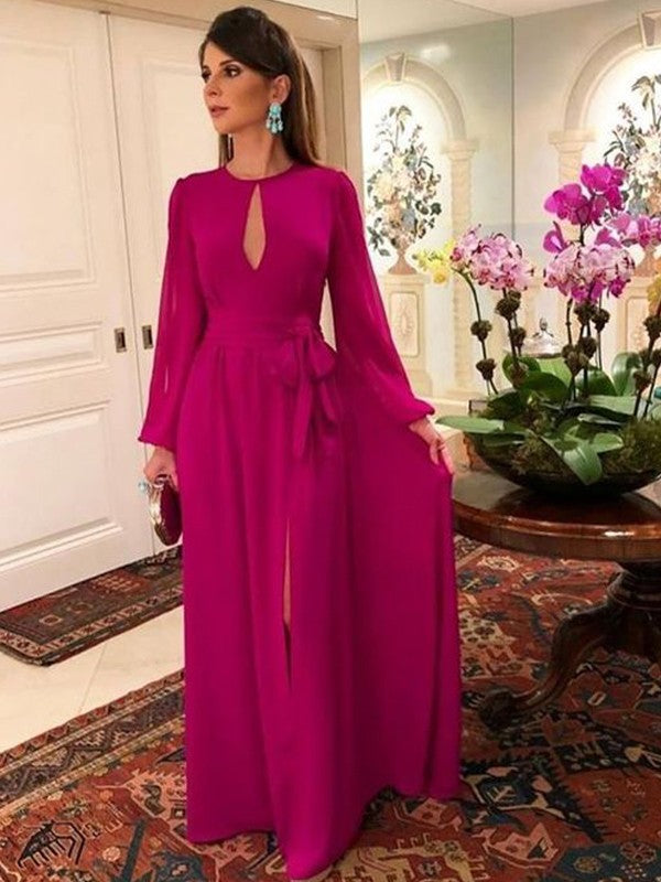 A-Line Chiffon Ruched Scoop Long Sleeves Floor-Length Mother of the Bride Dresses