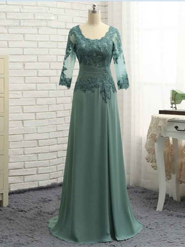 A-Line Chiffon Applique Scoop 3/4 Sleeves Sweep/Brush Train Mother of the Bride Dresses