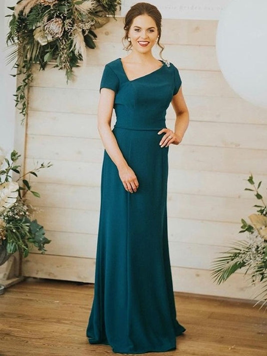 A Line Sheath/Column Satin Ruched Square Short Sleeves Floor-Length Mother of the Bride Dresses
