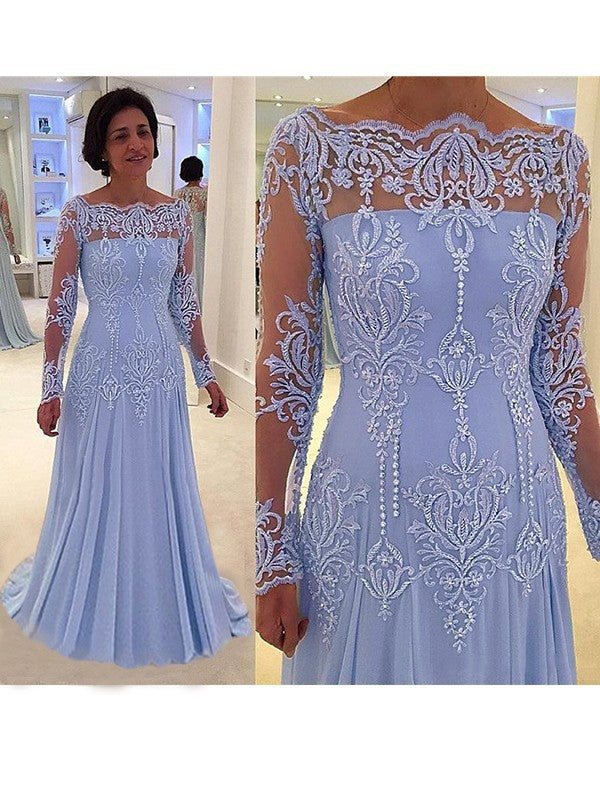 A-Line Chiffon Applique Scoop Long Sleeves Sweep/Brush Train Mother of the Bride Dresses